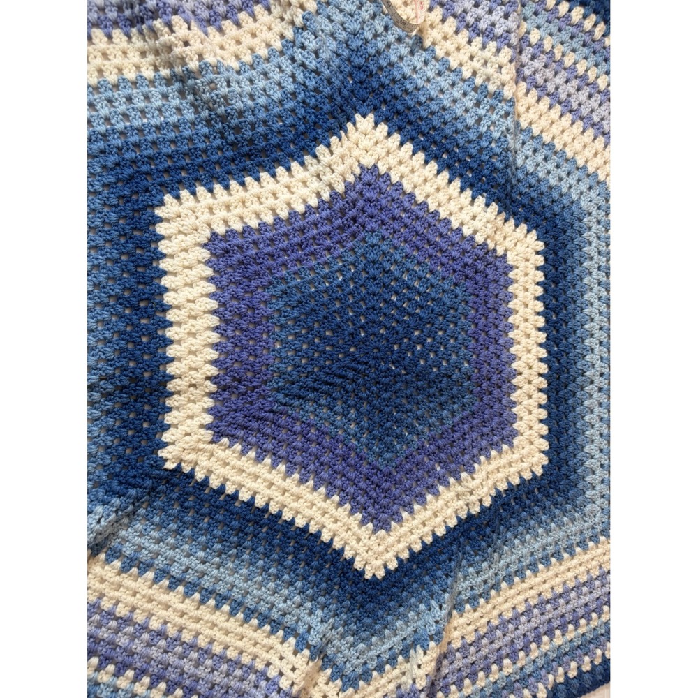EUC Handmade Crochet Hexagon Blanket Blue Ombre Gradient Throw 34"